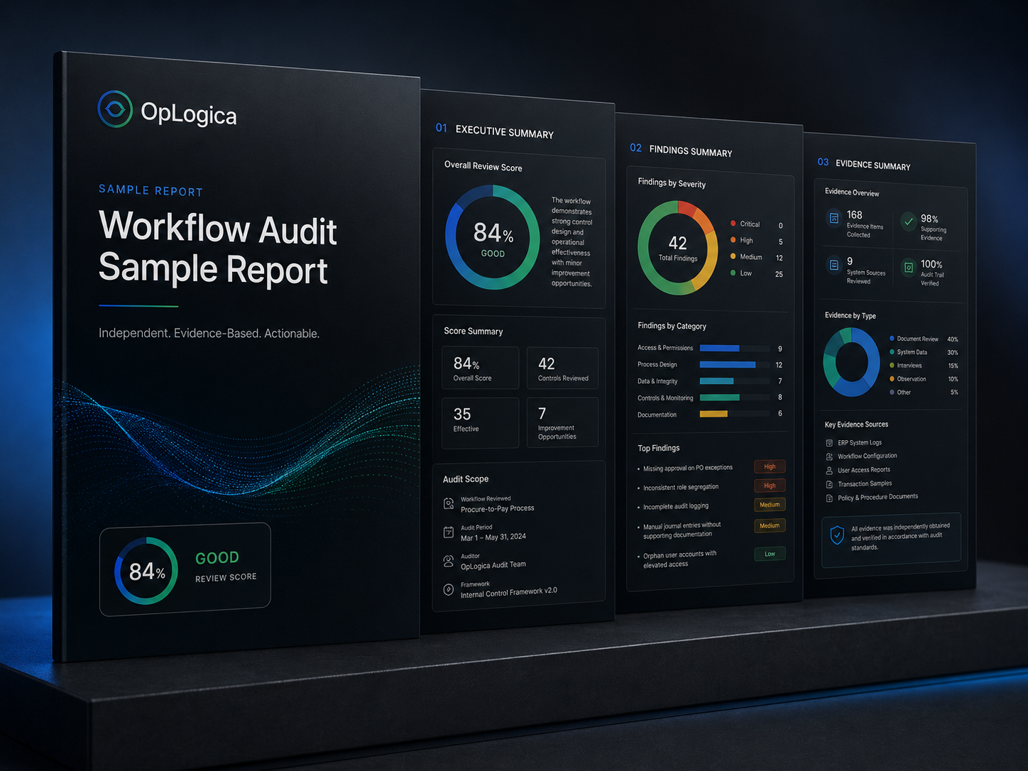 Workflow Audit sample report preview with executive summary, findings, and evidence overview