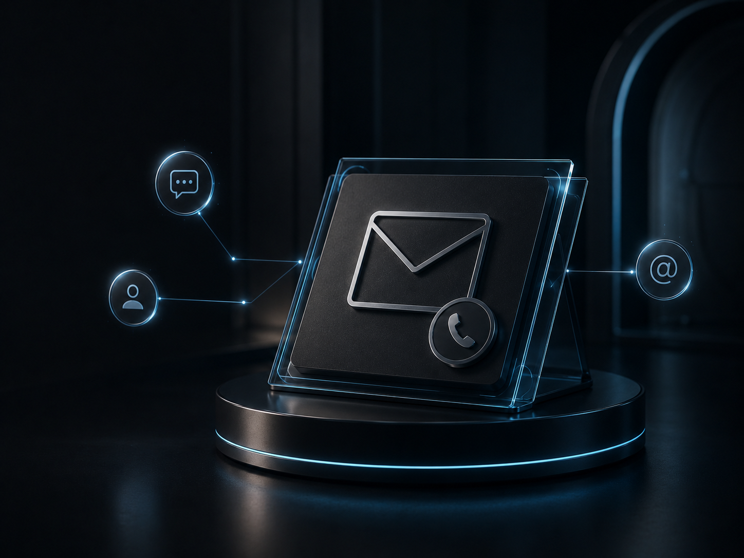 Premium contact visual showing secure communication channels for email, phone, and direct inquiry