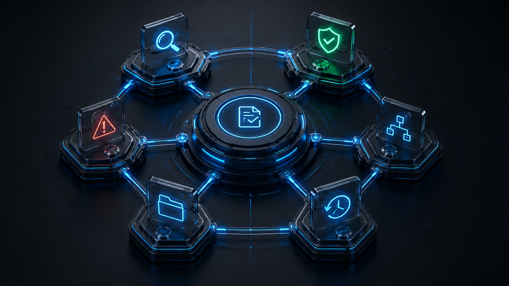 Decision accountability methodology framework with connected review, evidence, approval, exception, record, and reconstruction modules
