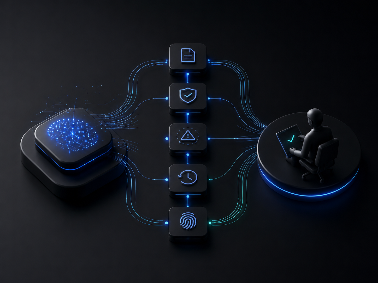 AI-assisted decision flow passing through review checkpoints and ending with human review.